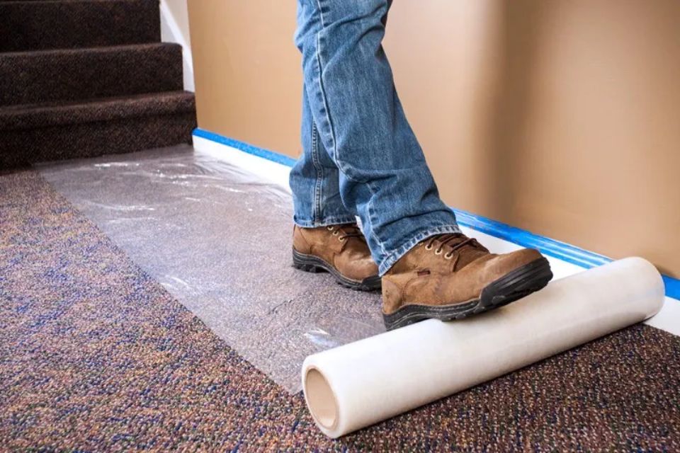 A person on carpeted flooring, holding plastic roll, illustrating a cleaning service focused on protection in Honolulu, HI.